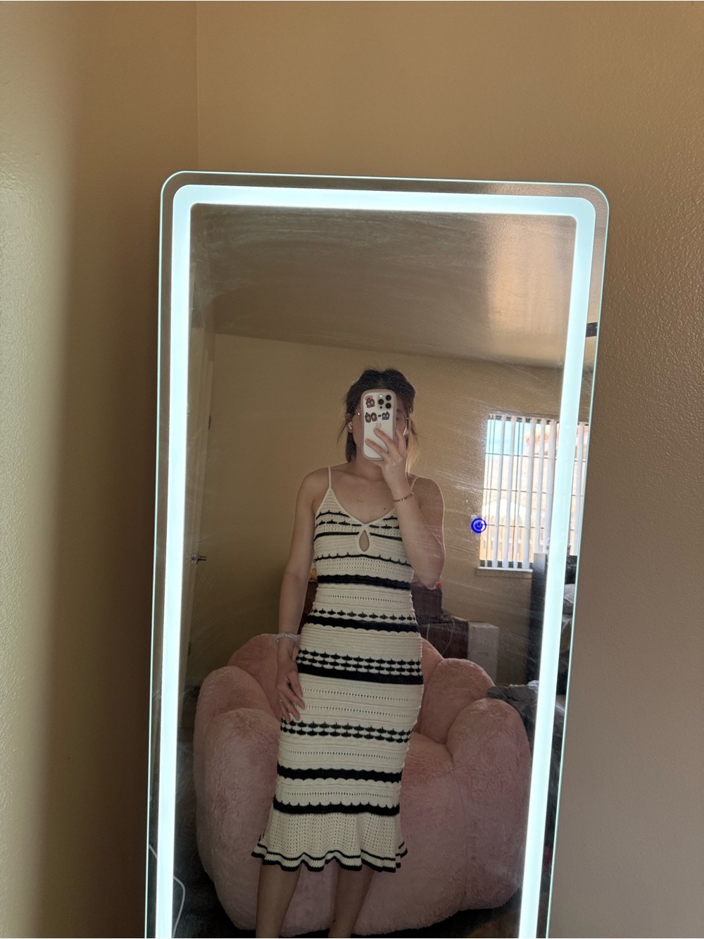 Knit Striped Spaghetti-Strap Dress in Cream and Black